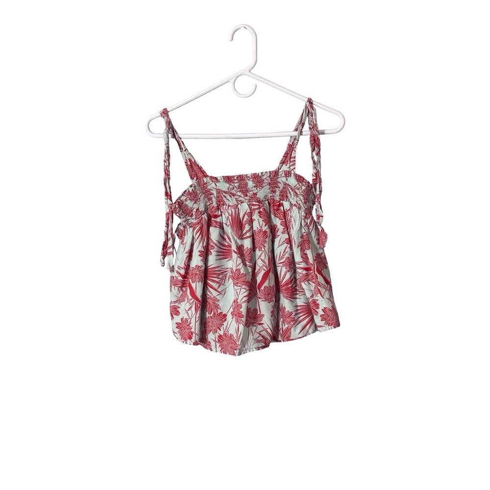 C&C California Small Red Floral Smocked Tie Strap Cotton Camisole Top